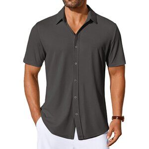 ❤️Mens Casual Button Down Shirts Short Sleeve Wrinkle Stretch Dress Shirt